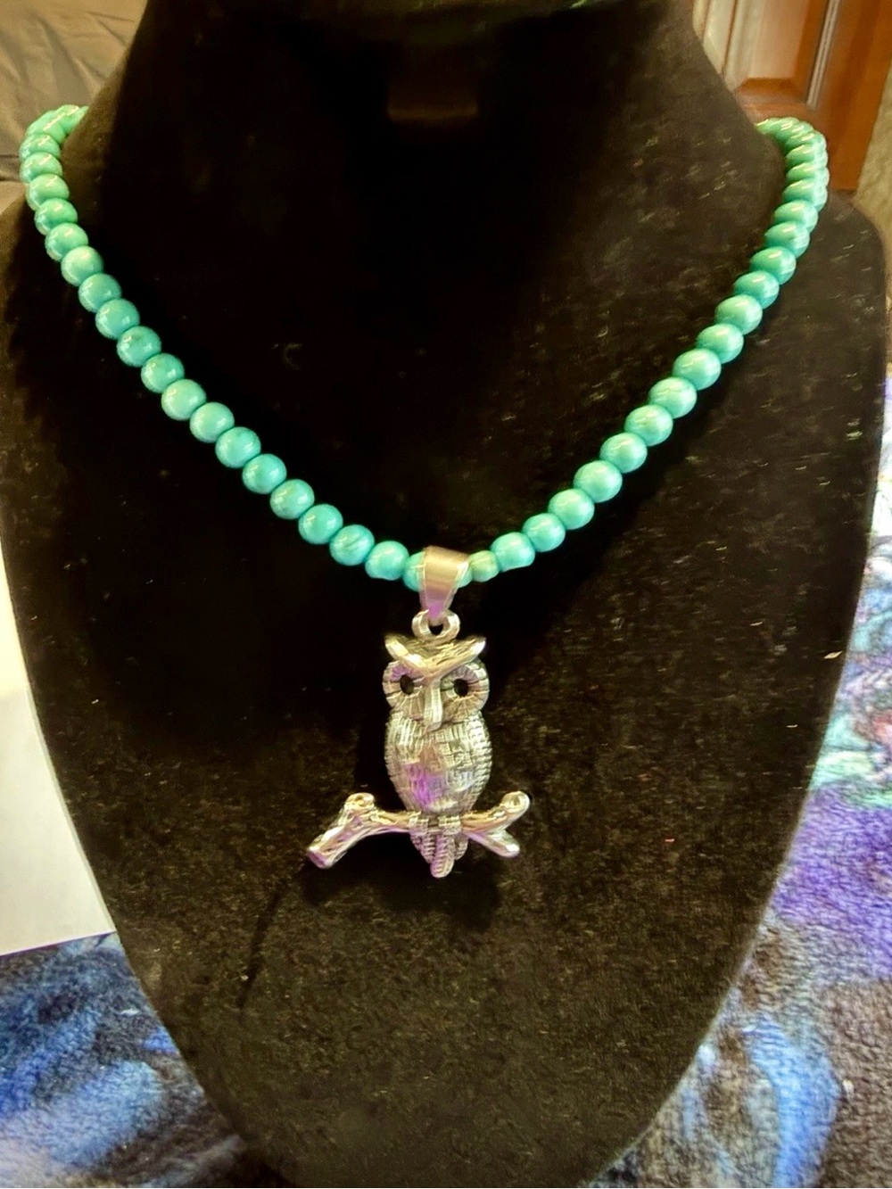Turquoise Colored Beaded Necklace with Silver Tone Owl Pendant - Women Jewelry